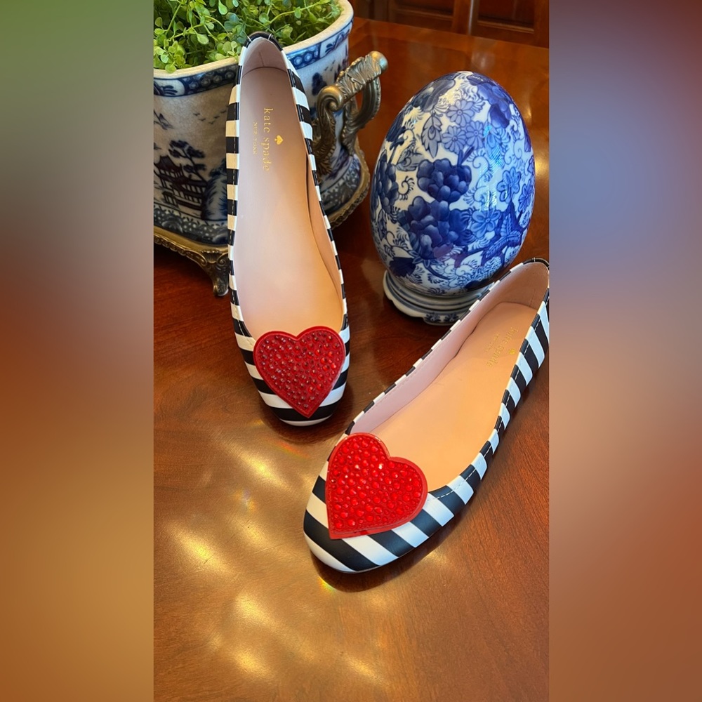 Kate Spade Black and White Striped Flats Glitter Heart